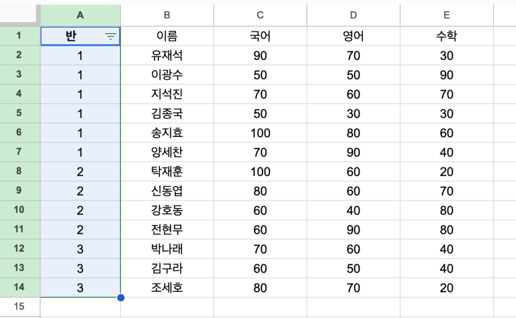 구글 스프레드시트 필터 일부 영역 선택