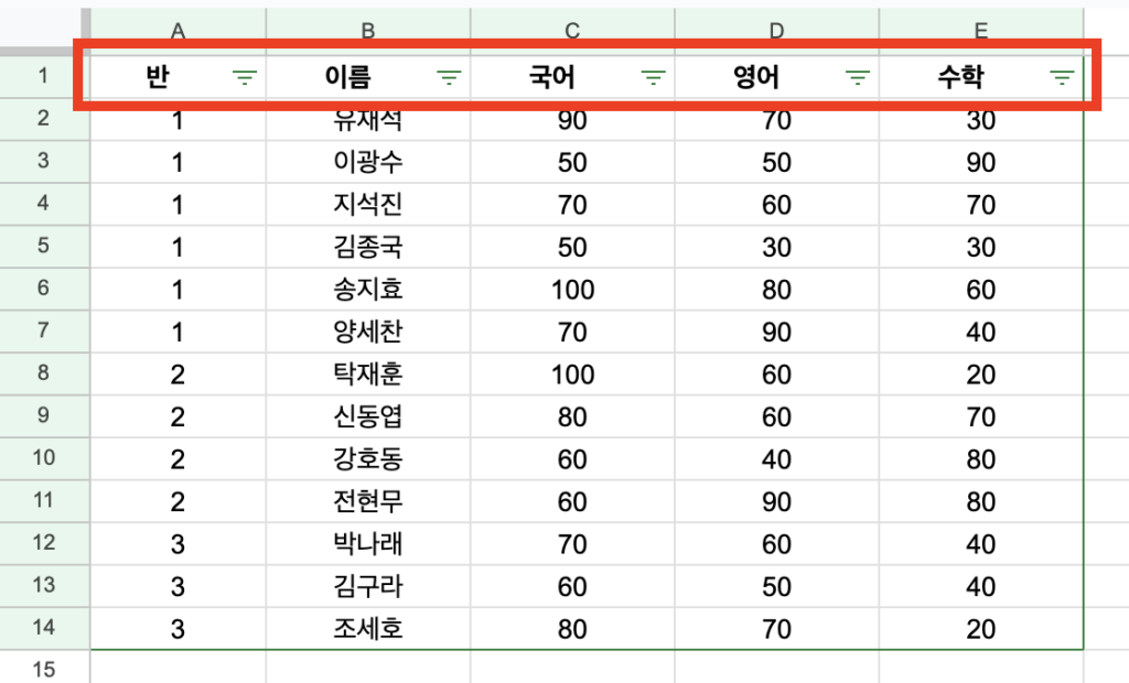 구글 스프레드시트 필터 표시