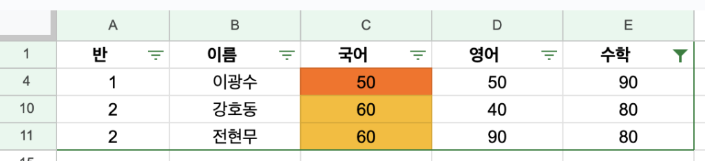 구글 스프레드시트 필터 - 조건별 필터링 결과